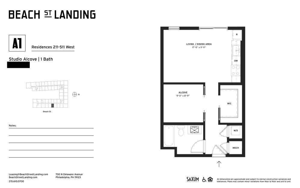 A1 - Studio floorplan layout with 1 bathroom and 558 square feet