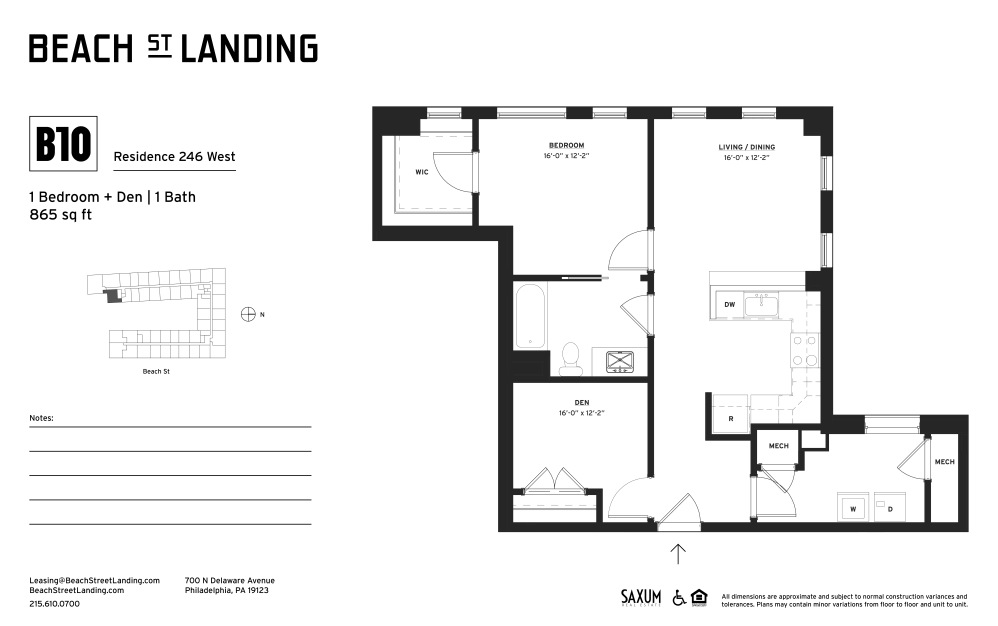 B10 - 1 bedroom floorplan layout with 1 bathroom and 865 square feet