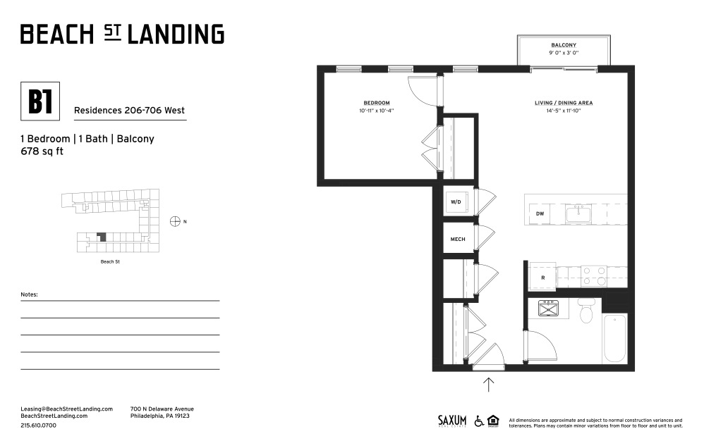 B1 - 1 bedroom floorplan layout with 1 bathroom and 678 square feet