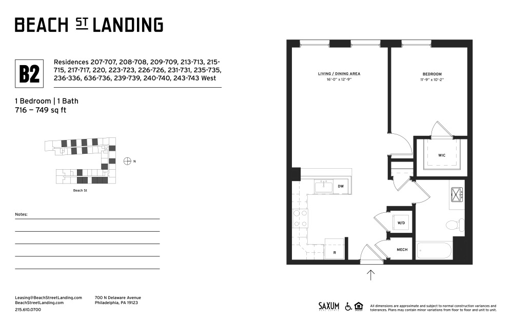 B2 - 1 bedroom floorplan layout with 1 bathroom and 716 - 749 square feet