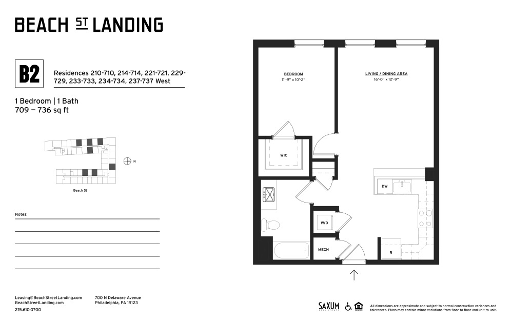 B2A - 1 bedroom floorplan layout with 1 bathroom and 709 - 736 square feet