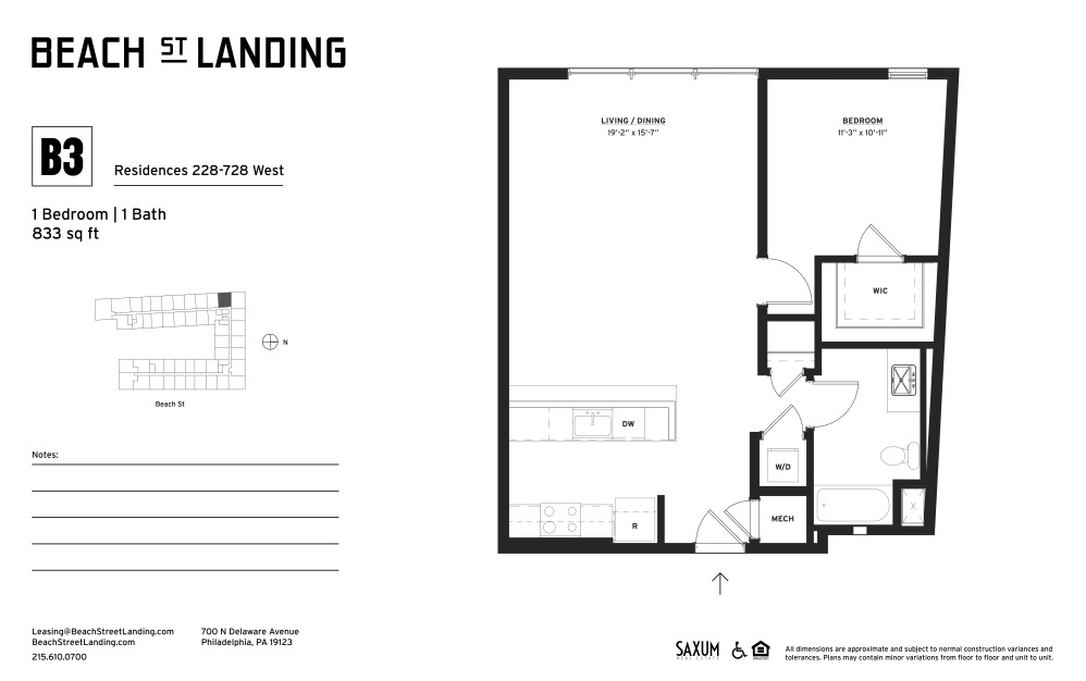 B3 - 1 bedroom floorplan layout with 1 bathroom and 830 square feet