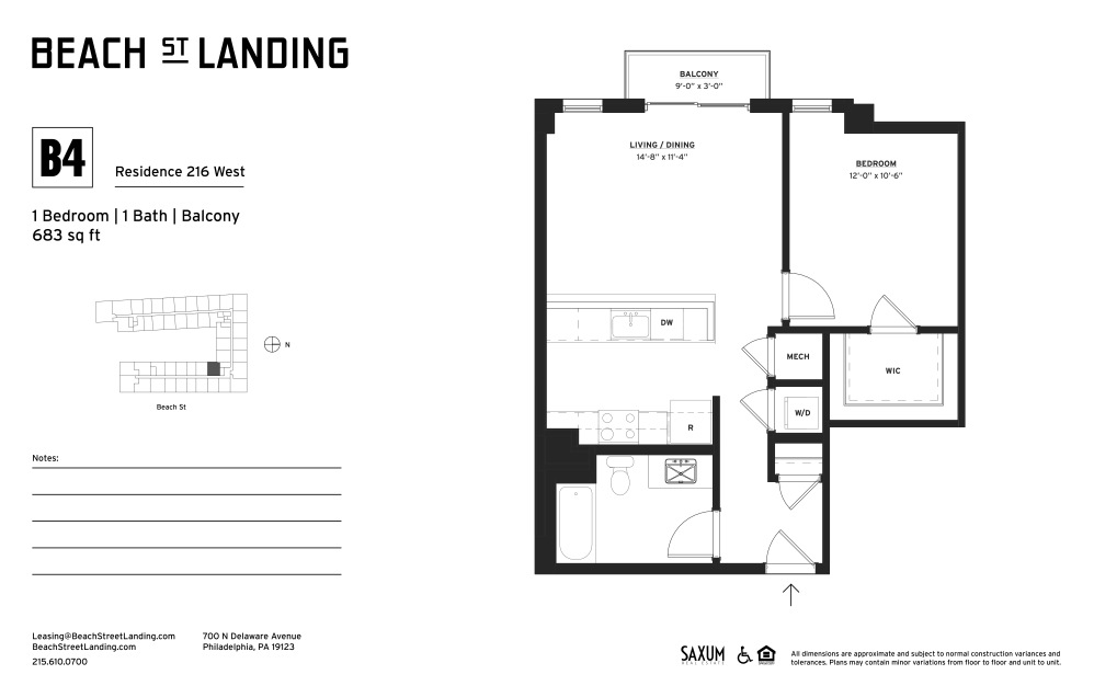 B4 - 1 bedroom floorplan layout with 1 bathroom and 683 square feet