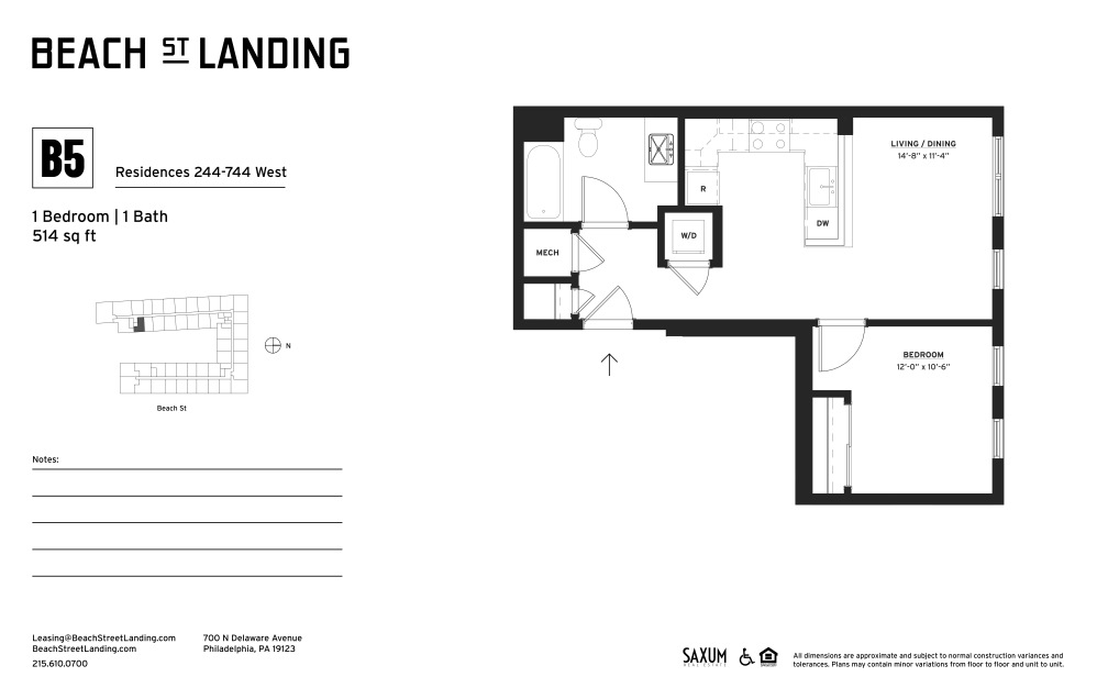 B5 - 1 bedroom floorplan layout with 1 bathroom and 532 square feet