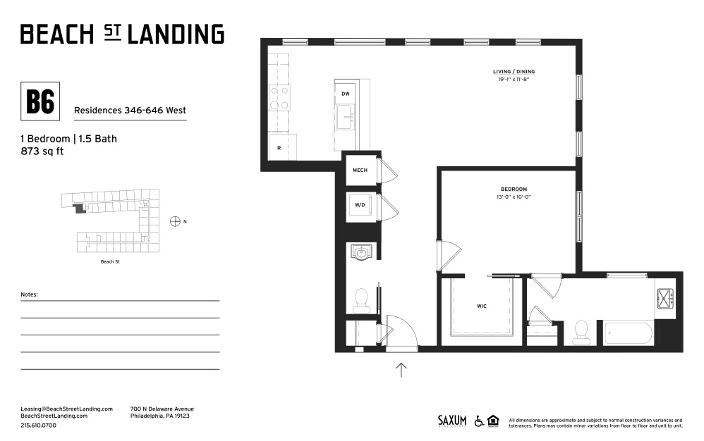 B6 - 1 bedroom floorplan layout with 1 bathroom and 873 square feet