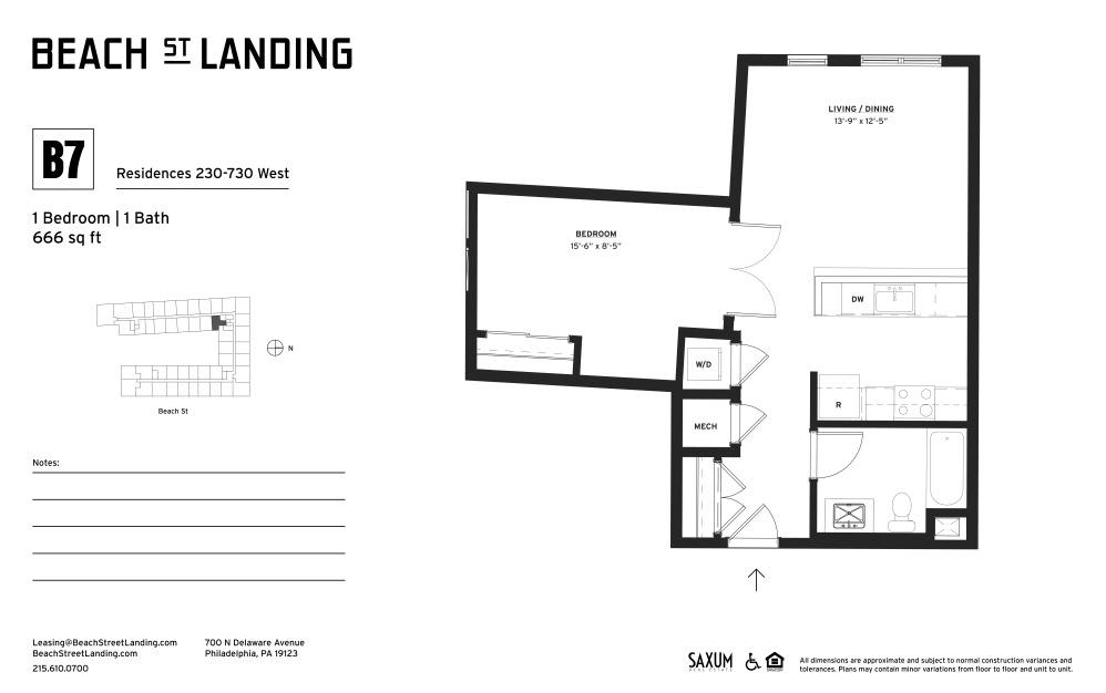 B7 - 1 bedroom floorplan layout with 1 bathroom and 663 square feet