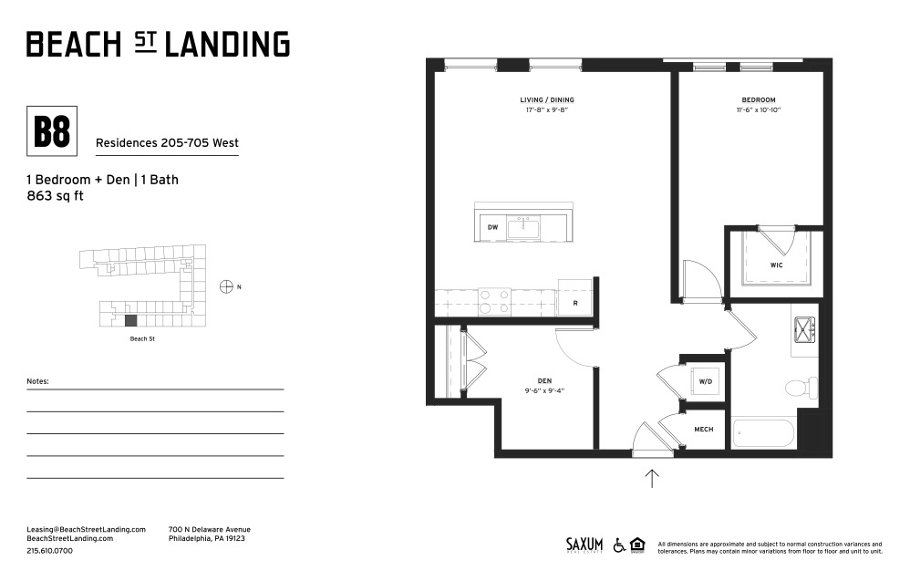 B8 - 1 bedroom floorplan layout with 1 bathroom and 862 square feet