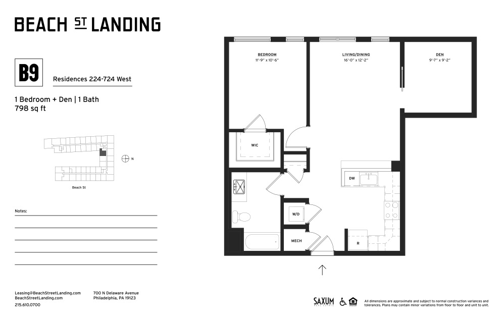 B9 - 1 bedroom floorplan layout with 1 bathroom and 798 square feet