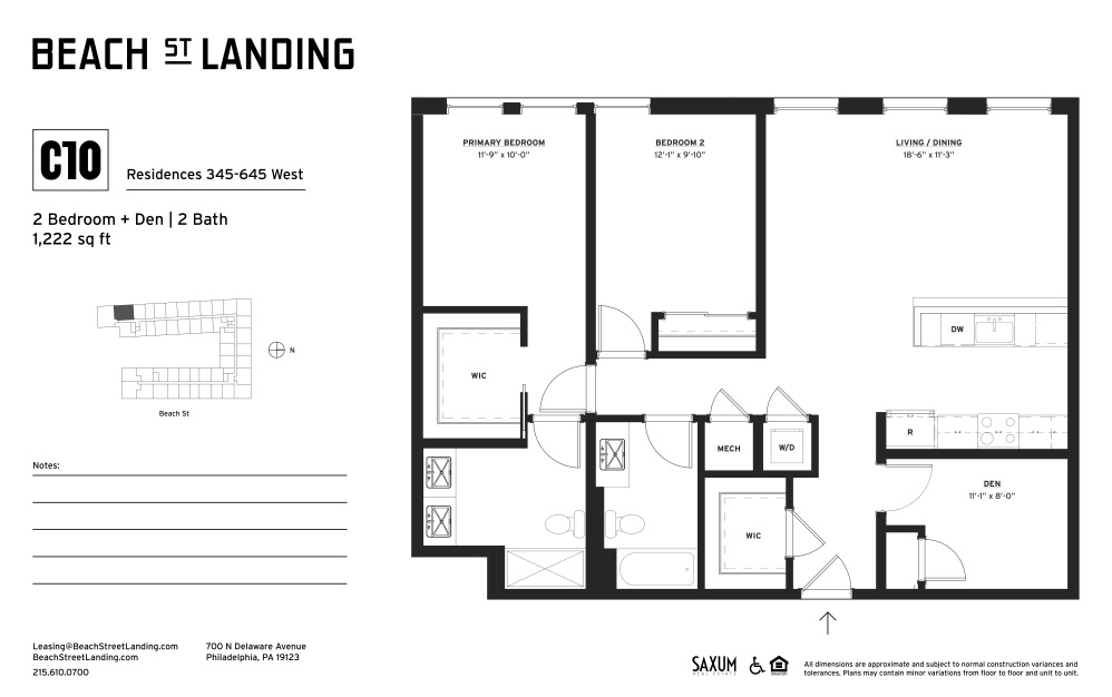 C10 - 2 bedroom floorplan layout with 2 bathrooms and 1223 square feet