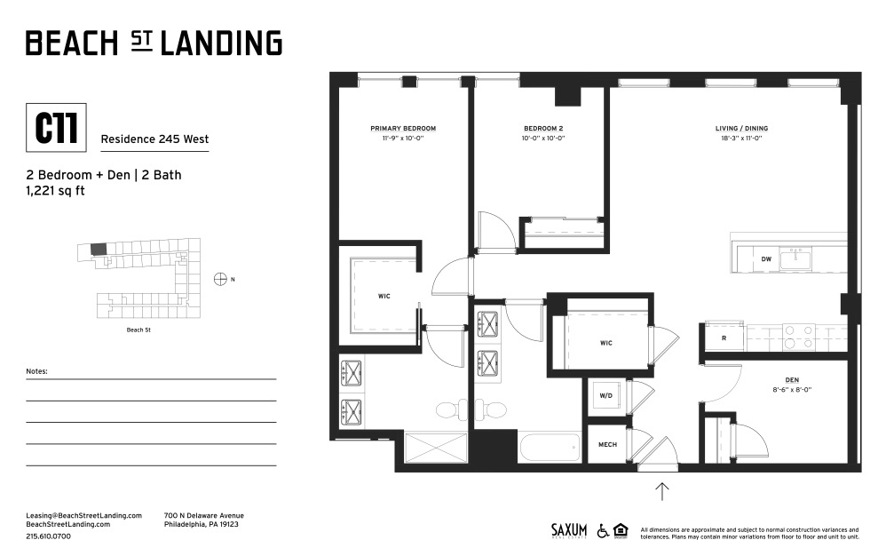 C11 - 2 bedroom floorplan layout with 2 bathrooms and 1221 square feet