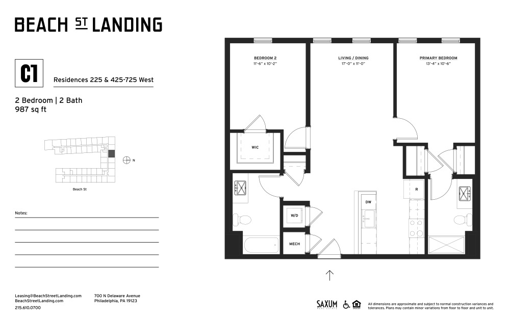 C1 - 2 bedroom floorplan layout with 2 bathrooms and 986 square feet