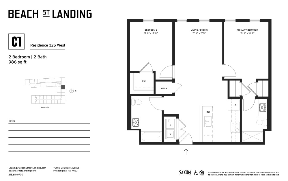 C1A - 2 bedroom floorplan layout with 2 bathrooms and 986 square feet