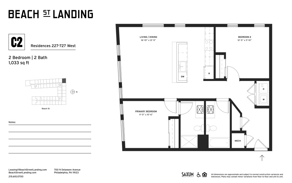 C2 - 2 bedroom floorplan layout with 2 bathrooms and 1033 square feet