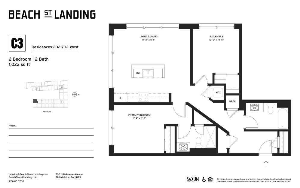 C3 - 2 bedroom floorplan layout with 2 bathrooms and 1019 square feet