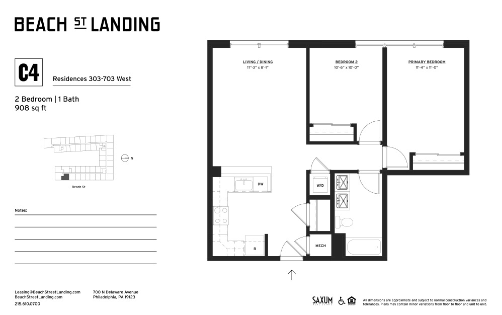 C4 - 2 bedroom floorplan layout with 1 bathroom and 908 square feet