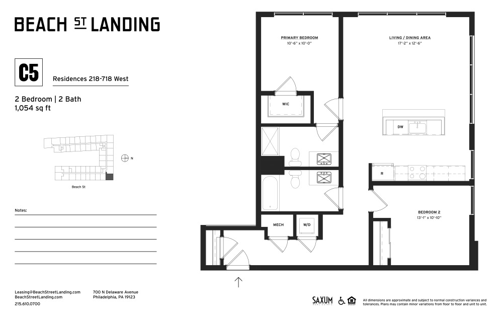 C5 - 2 bedroom floorplan layout with 2 bathrooms and 1054 square feet