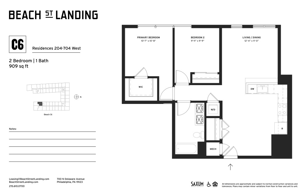 C6 - 2 bedroom floorplan layout with 1 bathroom and 909 square feet