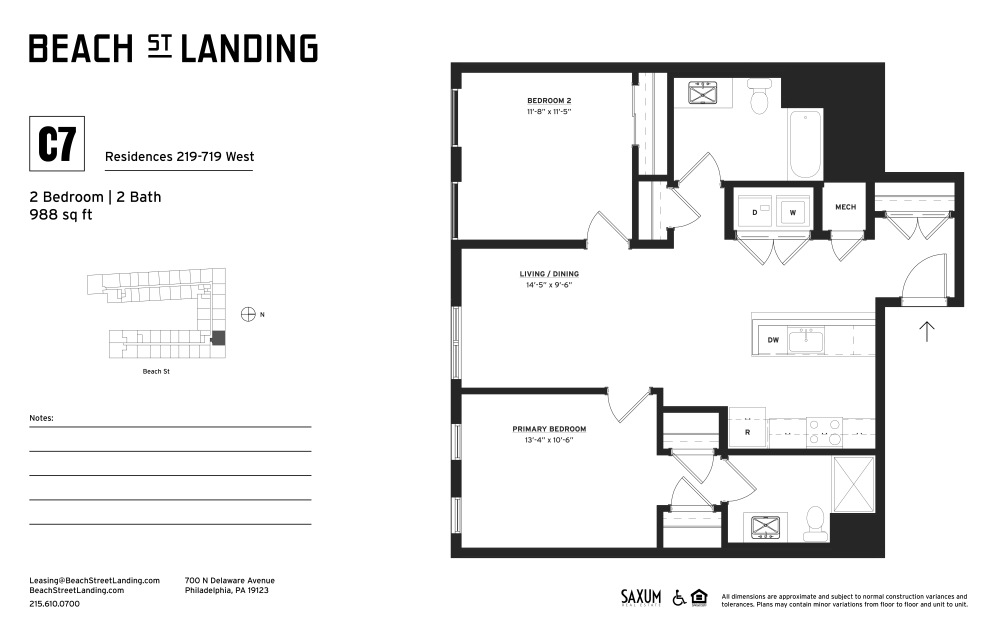 C7 - 2 bedroom floorplan layout with 2 bathrooms and 991 square feet