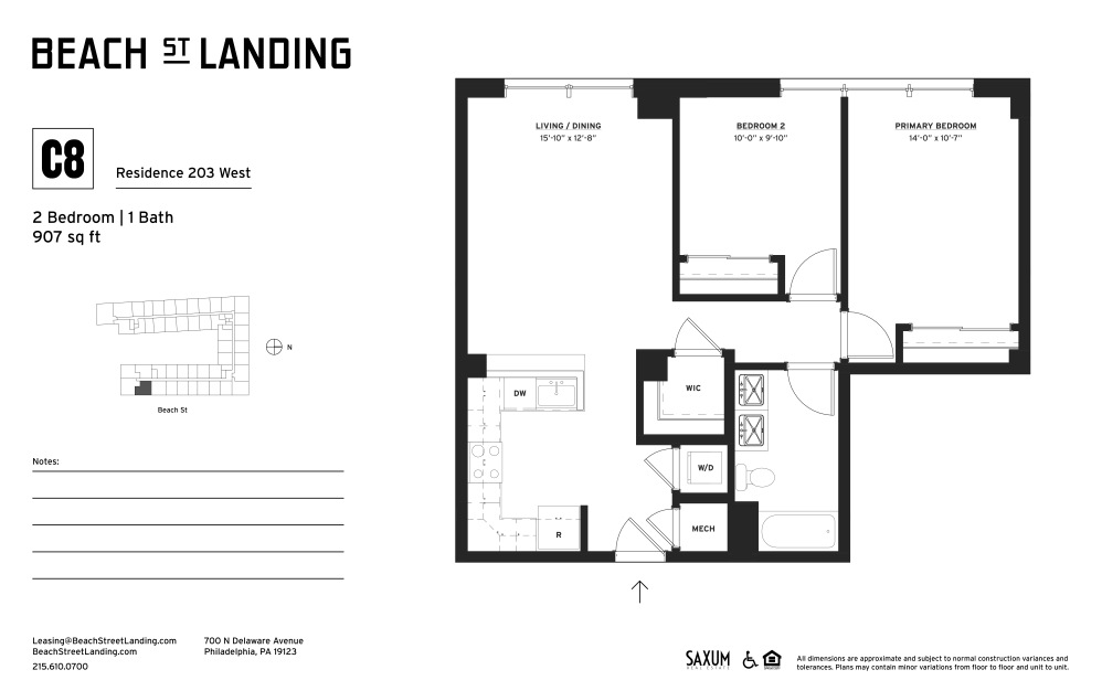 C8 - 2 bedroom floorplan layout with 1 bathroom and 907 square feet