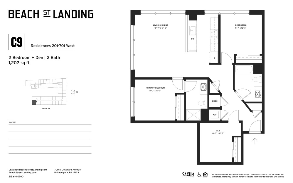 C9 - 2 bedroom floorplan layout with 2 bathrooms and 1202 square feet