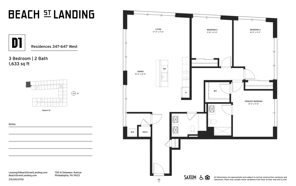 D1 - 3 bedroom floorplan layout with 2 bathrooms and 1628 square feet