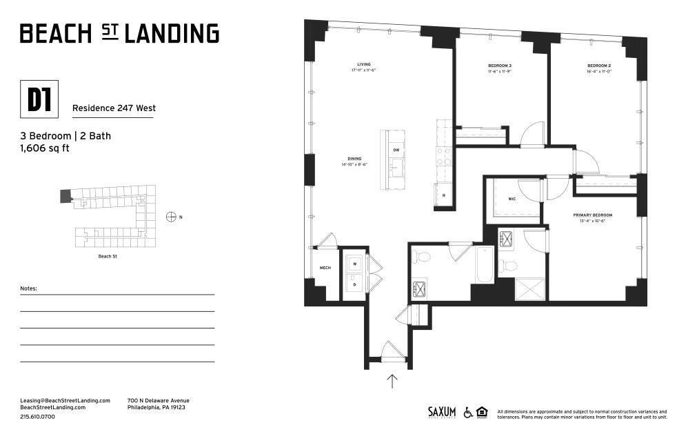 D1A - 3 bedroom floorplan layout with 2 bathrooms and 1628 square feet