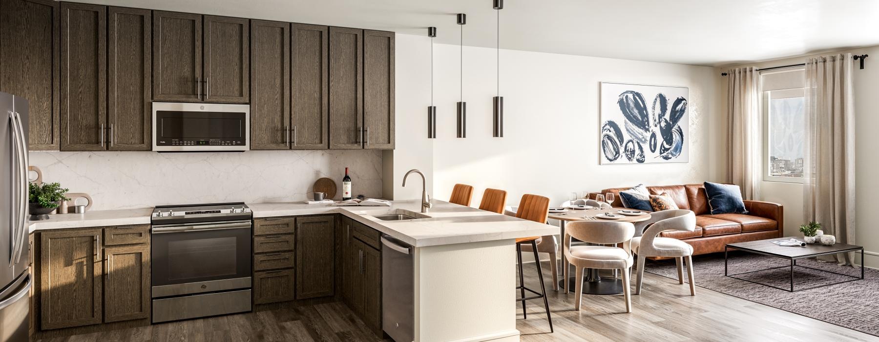 a kitchen with a couch and a table